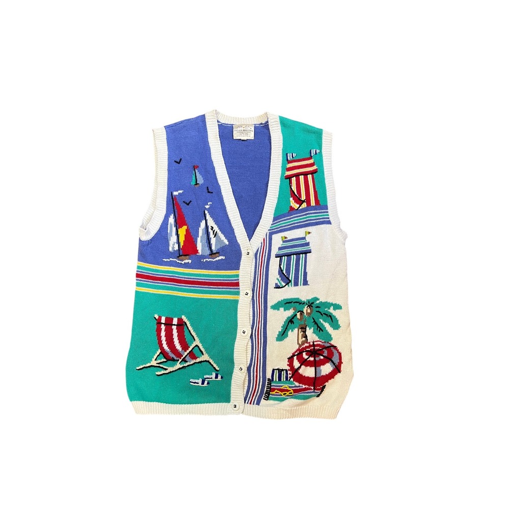 Susan Bristol‎ 1994 Beach Scene Knit Vest Women's Size M Blue Green Nautical